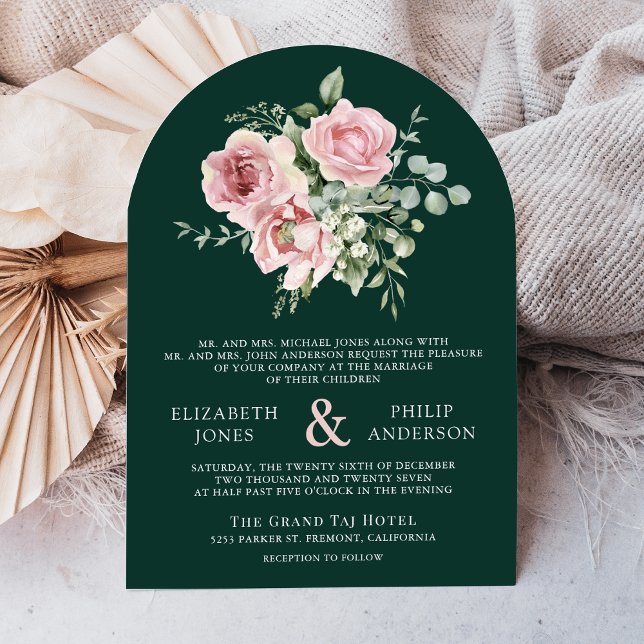 Convite Blush Pink Floral Eucalyptus Emerald Green Wedding (Criador carregado)