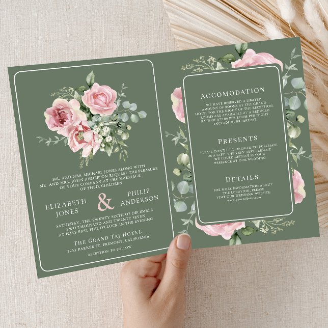 Convite Blush Pink Floral Eucalyptus Sage Green Wedding (Criador carregado)