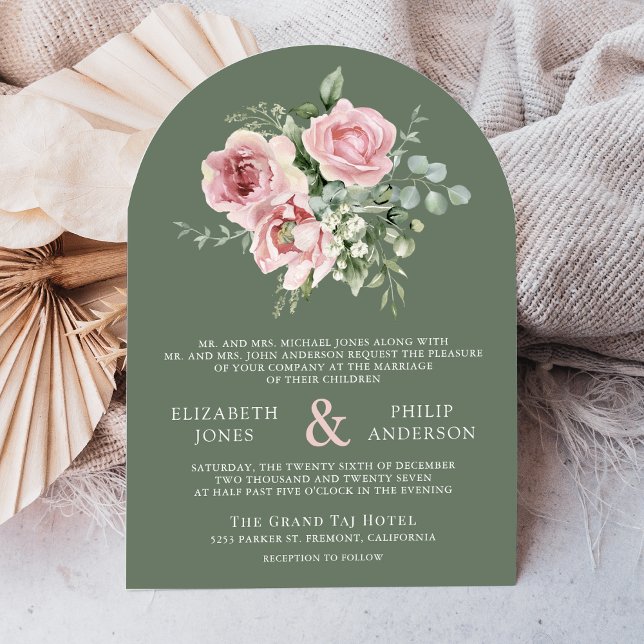 Convite Blush Pink Floral Eucalyptus Sage Green Wedding (Criador carregado)