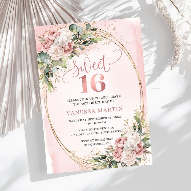 Convite Blush Pink Floral Eucalyptus Sweet 16 Birthday  (Blush Pink Floral Eucalyptus Sweet 16 Birthday Invite)