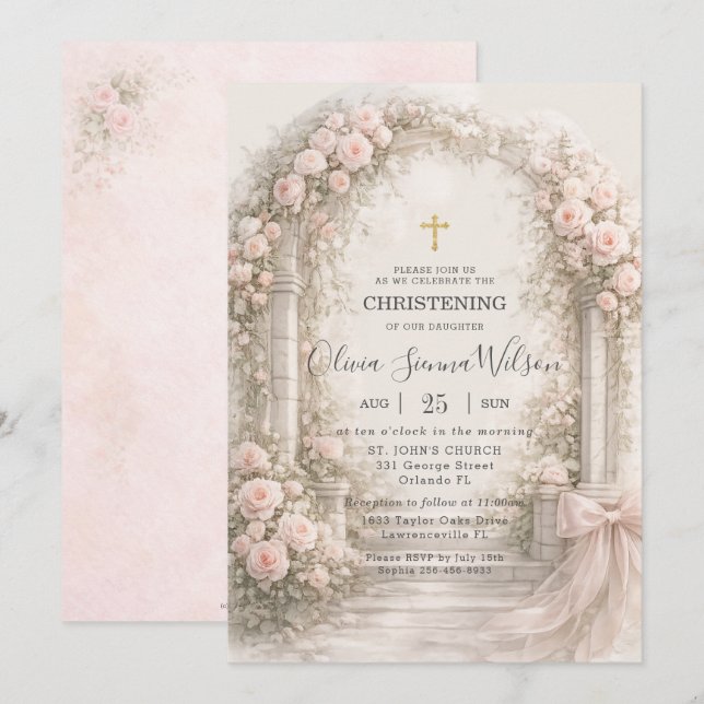 Convite Blush Pink Floral Garden Bow Baptism Christening (Frente/Verso)