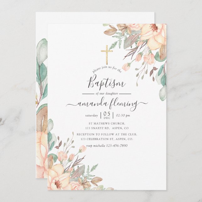 Convite Blush Pink Floral Girl Baptism (Frente/Verso)