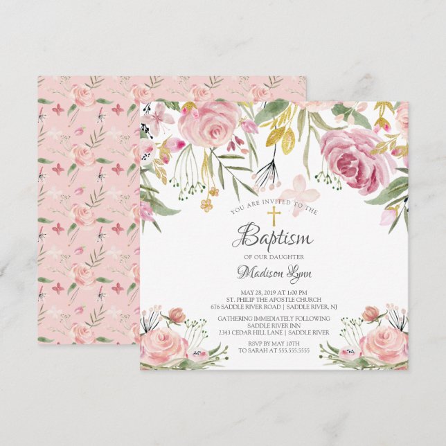 Convite Blush Pink Floral Girl Baptism (Frente/Verso)