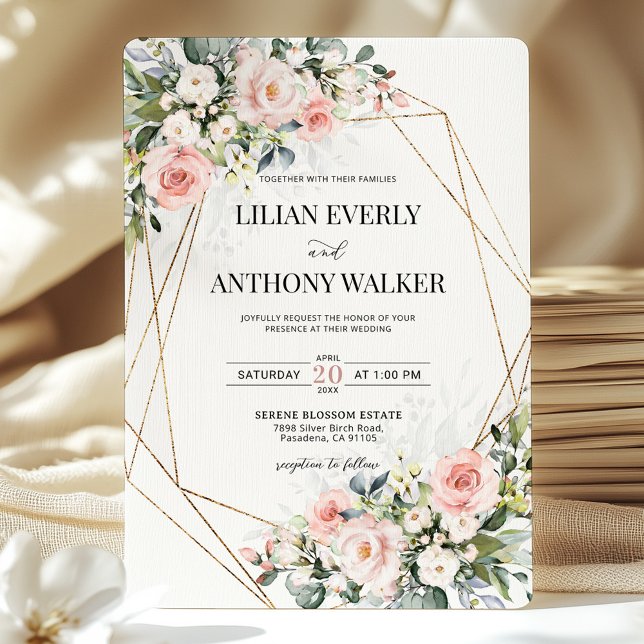 Convite Blush Pink Floral Gold Geometric Estate Wedding  (Criador carregado)