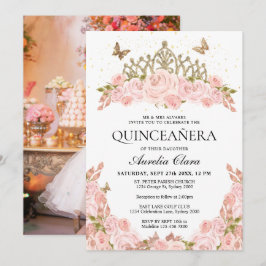 Convite Blush Pink Floral Gold Tiara Photo Quinceanera
