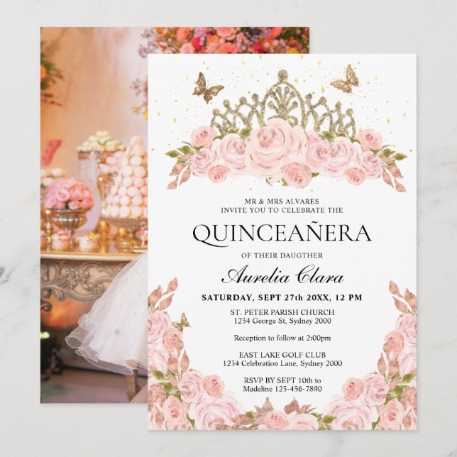 Convite Blush Pink Floral Gold Tiara Photo Quinceanera (Frente/Verso)