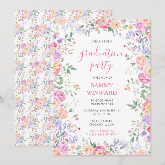 Convite Blush Pink Floral Graduation Party Wildflower (Frente/Verso)