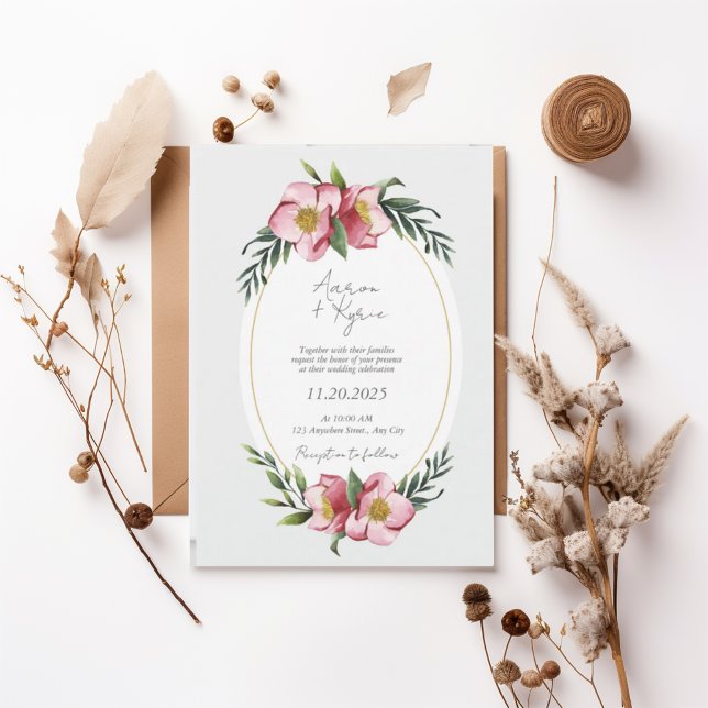 Convite Blush Pink Floral Oval Wedding Invitation (Criador carregado)