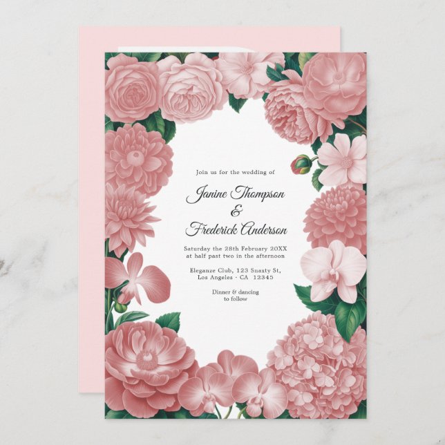 Convite Blush Pink Floral Photo and QR Code Wedding (Frente/Verso)