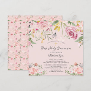 Convite Blush Pink Floral Primeira Comunhão Santa