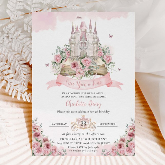 Convite Blush Pink Floral Princess Castle Storybook (Criador carregado)