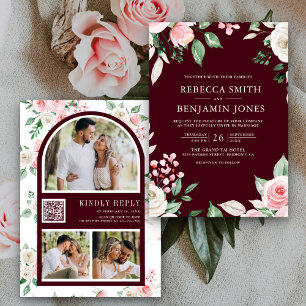 Convite Blush Pink Floral QR Code Burgundy Wedding