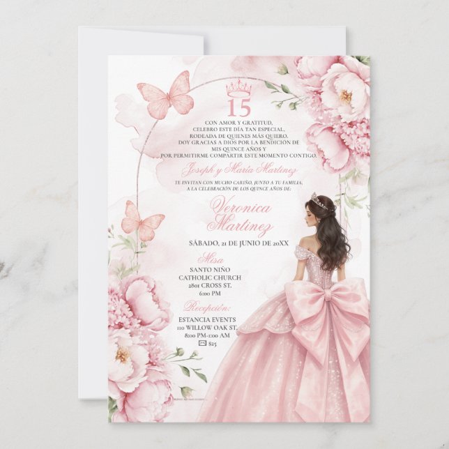 Convite Blush Pink Floral Quinceañera (Frente)