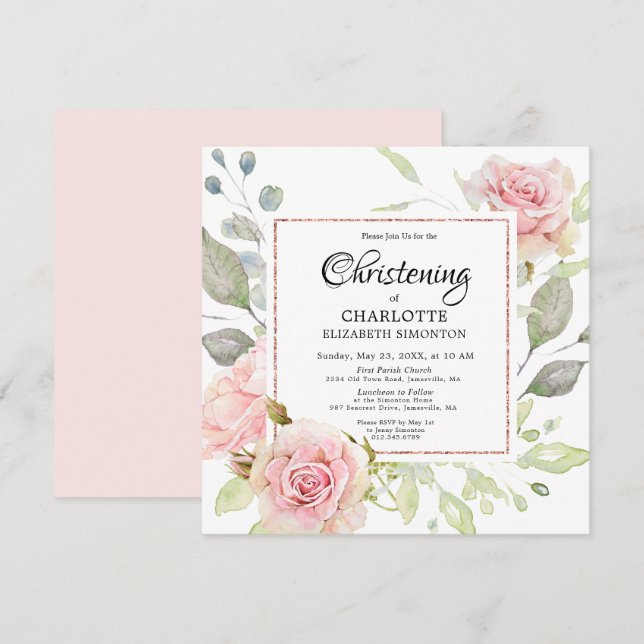 Convite Blush Pink Floral Rosa Dourado Square Christening (Frente/Verso)