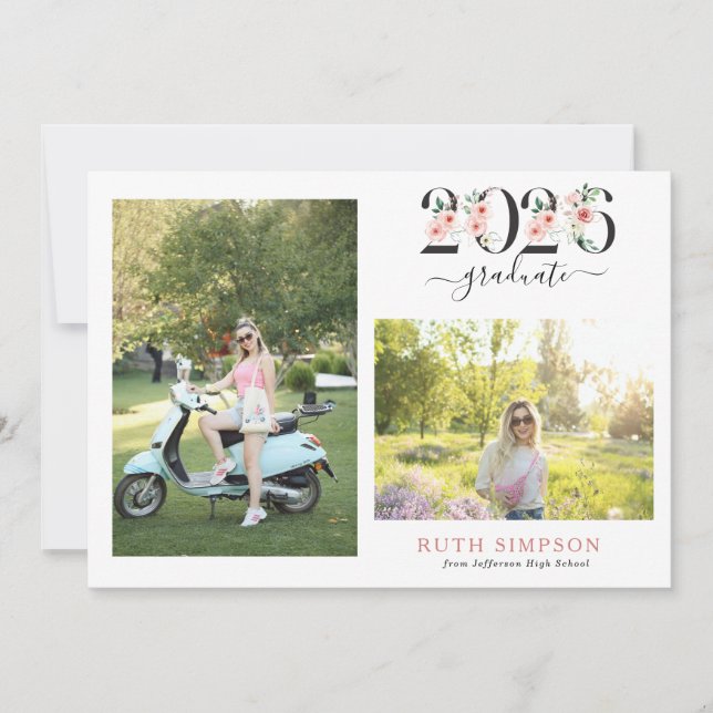 Convite Blush Pink Floral Year Graduation Announcement (Frente)