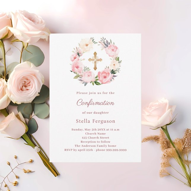 Convite Blush pink florals cross Confirmation (Criador carregado)