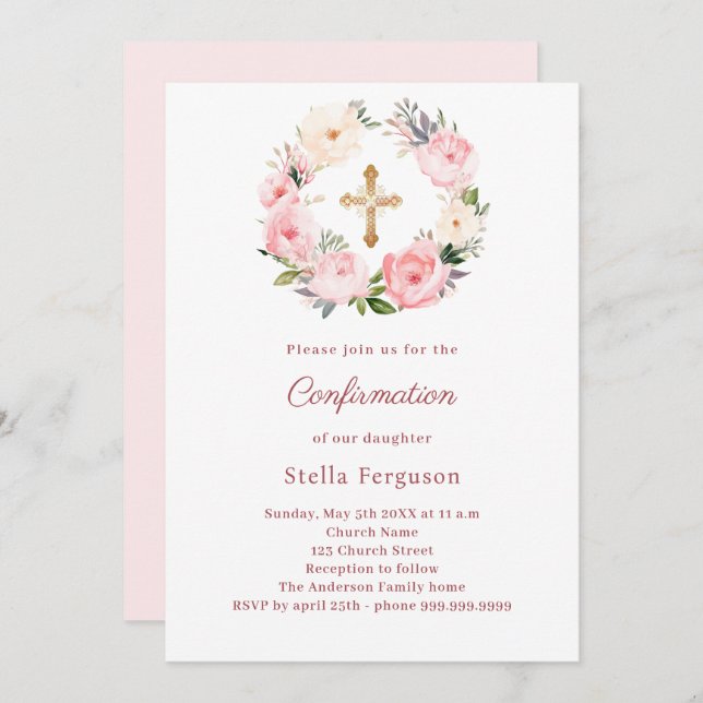 Convite Blush pink florals cross Confirmation (Frente/Verso)