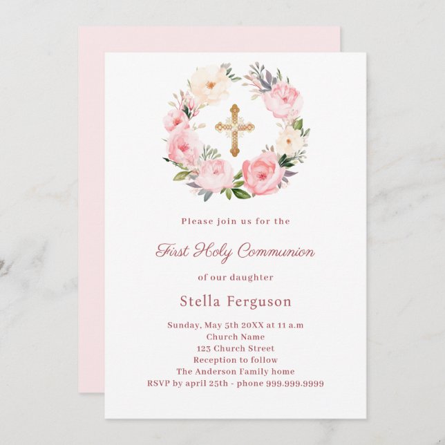 Convite Blush pink florals cross First Communion (Frente/Verso)