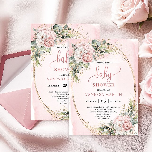 Convite Blush Pink Flowers Eucalyptus Baby Girl Invite (Blush Pink Flowers Eucalyptus Baby Girl Invite)