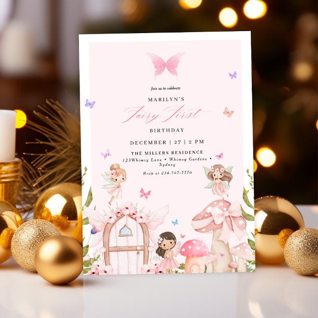 Convite Blush Pink Forest Butterflies Fairy First Birthday (Criador carregado)