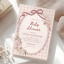 Convite Blush Pink Gingham Floral Vintage Girl Baby Shower