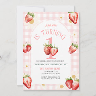 Convite Blush Pink Gingham Strawberry Daisy Birthday