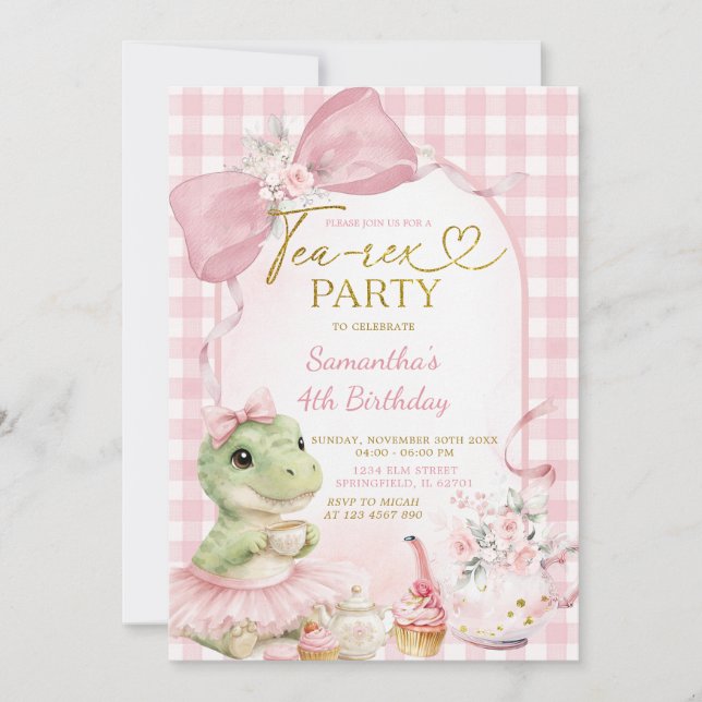 Convite Blush Pink Gingham Tea-Rex Party Bow Dino Birthday (Frente)