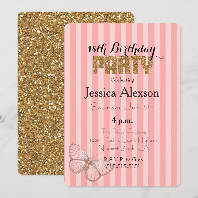 Convite Blush Pink Gold Confetti Glitter 18th Birthday (Frente/Verso)