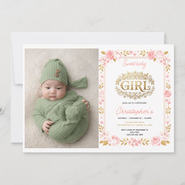 Convite Blush Pink & Gold Floral Girl Baby Shower photo (Frente)