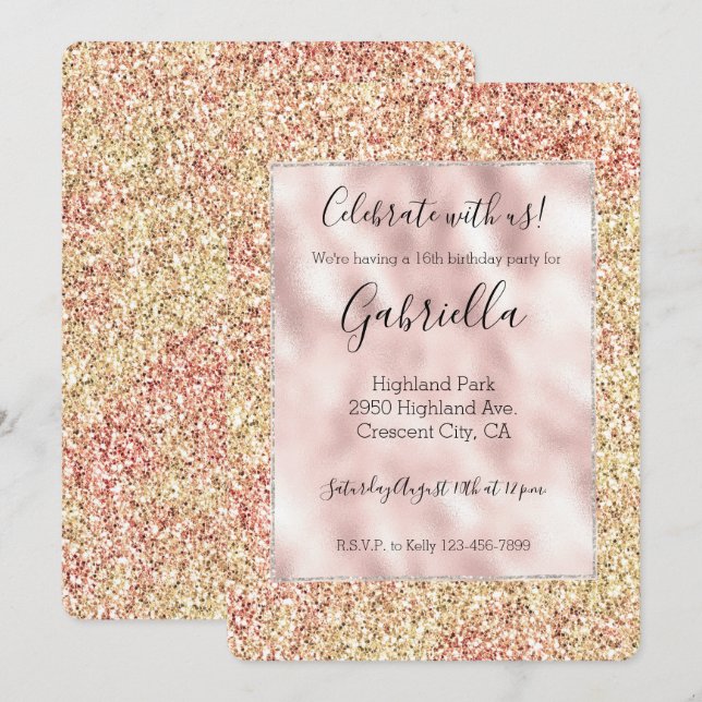 Convite Blush Pink Gold Glitter Ombre (Frente/Verso)