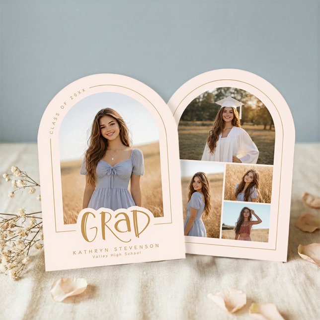 Convite Blush Pink Gold Modern 5 Photo Grad Announcement (Front + Back View)