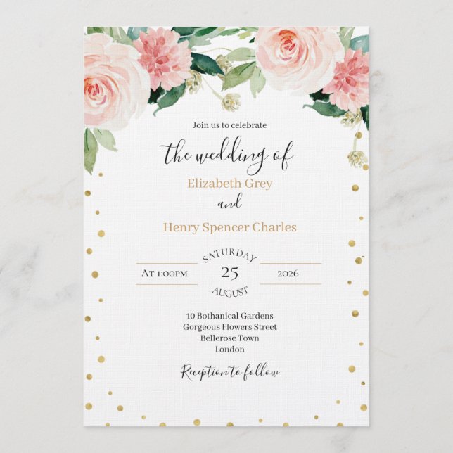 Convite Blush pink gold peony elegant floral wedding  (Frente)