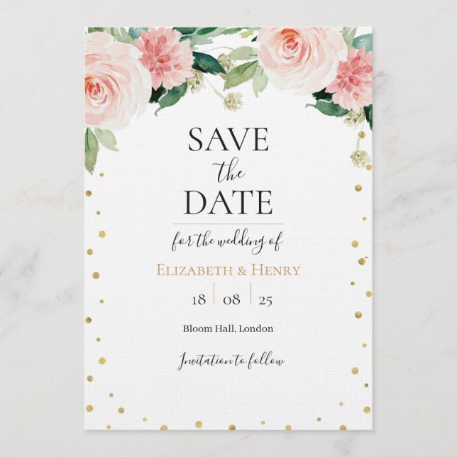 Convite Blush pink gold peony floral wedding save the date (Frente)