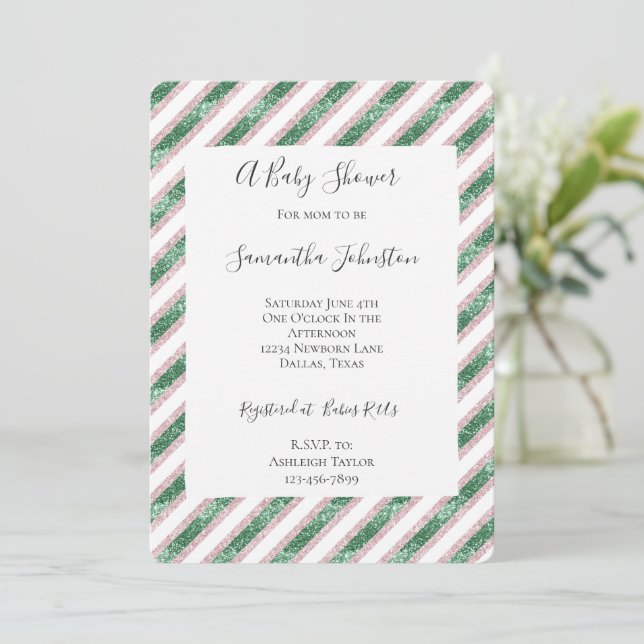 Convite Blush Pink Green Glitzy Glam Stripes Baby Shower (Em pé/Frente)