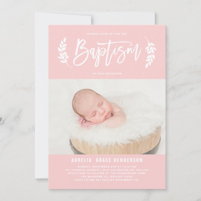 Convite Blush Pink Laurel Wreath Photo Baptism (Frente)