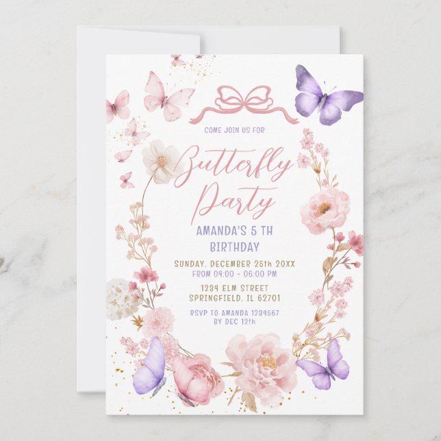 Convite Blush Pink Lavender Purple Butterflies Birthday  (Frente)