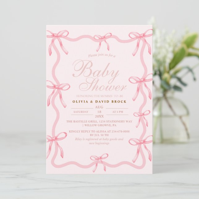 Convite Blush Pink Little Bow Pastel Girl Baby Shower (Em pé/Frente)