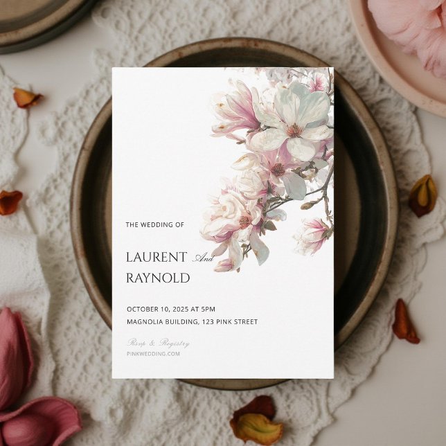 Convite Blush Pink Magnolia Botanical Watercolor Wedding  (Criador carregado)