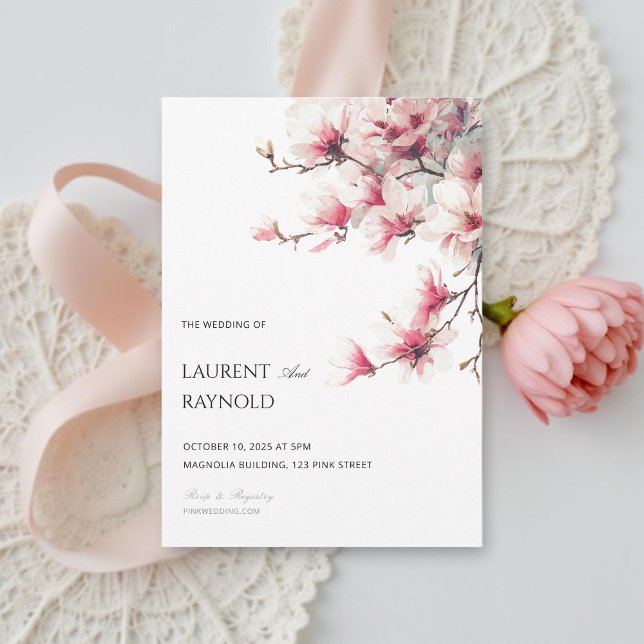 Convite Blush Pink Magnolia Botanical Watercolor Wedding  (Criador carregado)