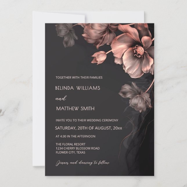 Convite Blush Pink Metallic 3 D Flowers Wedding Invitation (Frente)