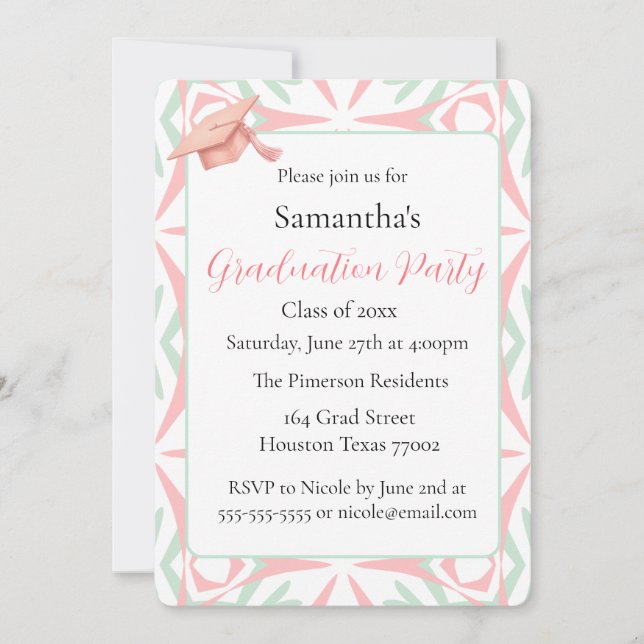 Convite Blush Pink & Mint Green Geometric Graduation Party (Frente)