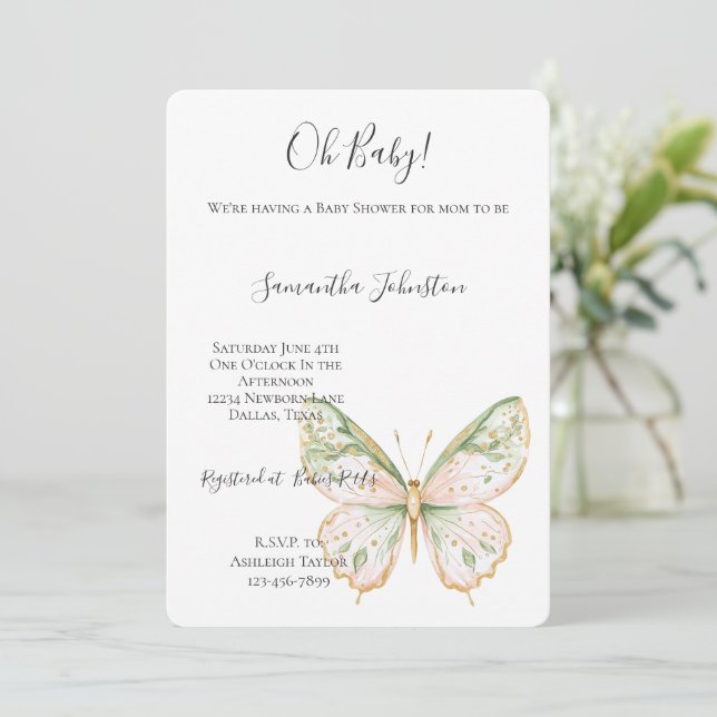 Convite Blush Pink Mint Green Gold Butterfly Baby Shower  (Em pé/Frente)