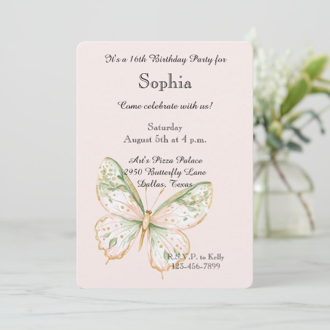 Convite Blush Pink Mint Green Gold Butterfly Birthday (Em pé/Frente)