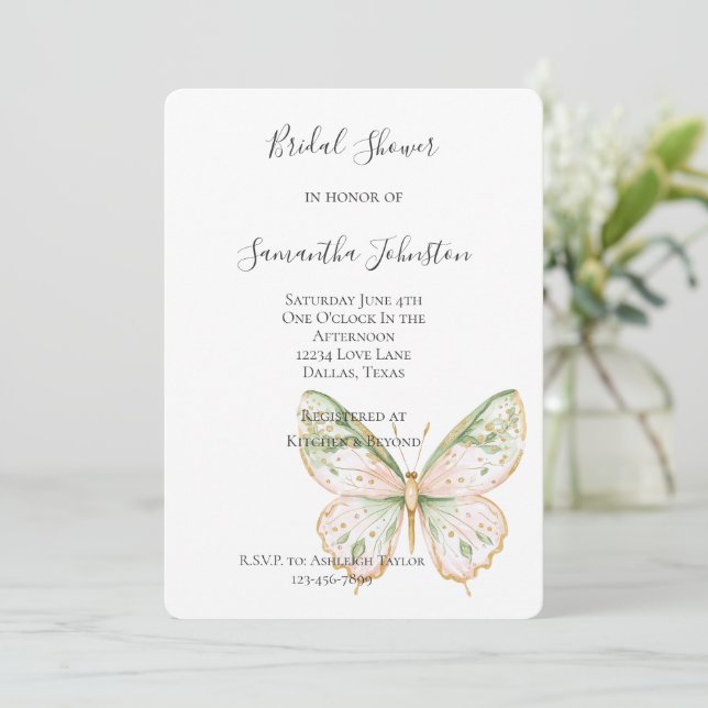 Convite Blush Pink Mint Green Gold Butterfly Bridal Shower (Em pé/Frente)