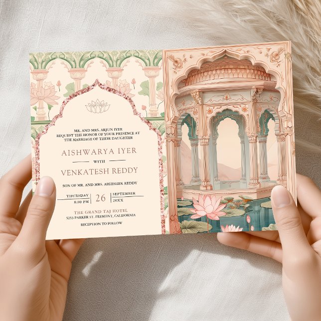 Convite Blush Pink Mint Green Lotus Garden Indian Wedding (Criador carregado)