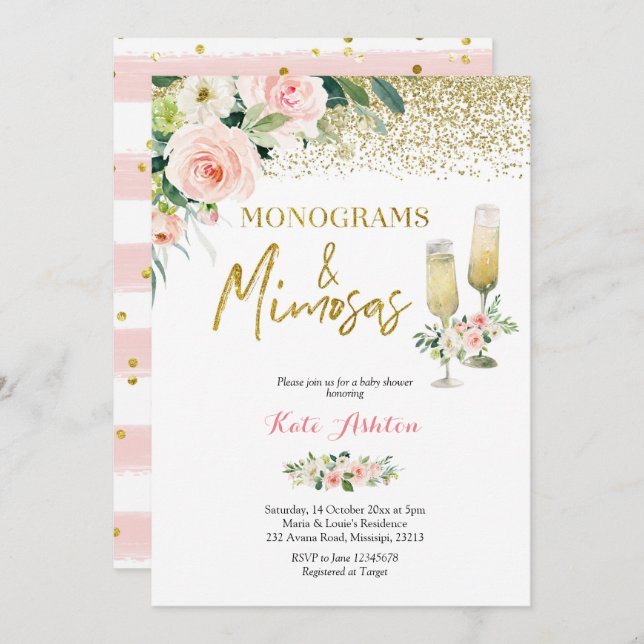 Convite Blush Pink Monograms and Mimosas Bridal Shower (Frente/Verso)