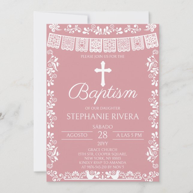 Convite Blush Pink Papel Picado Baptism (Frente)