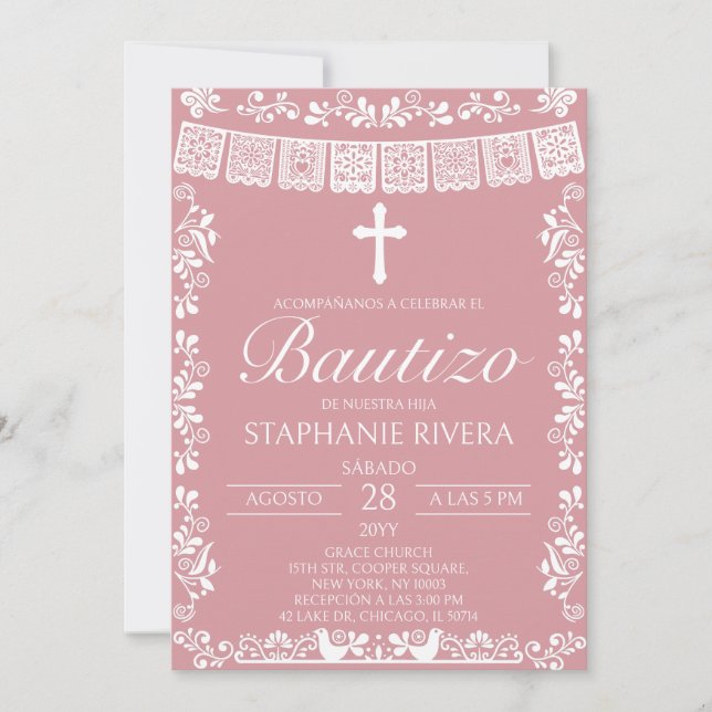 Convite Blush Pink Papel Picado Spanish Bautizo (Frente)