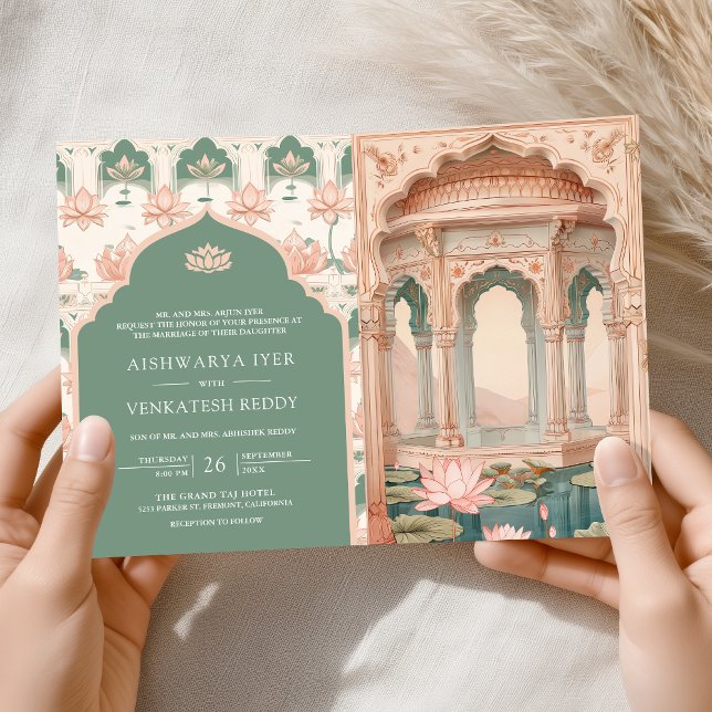 Convite Blush Pink Pastel Green Lotus Pond Indian Wedding (Criador carregado)