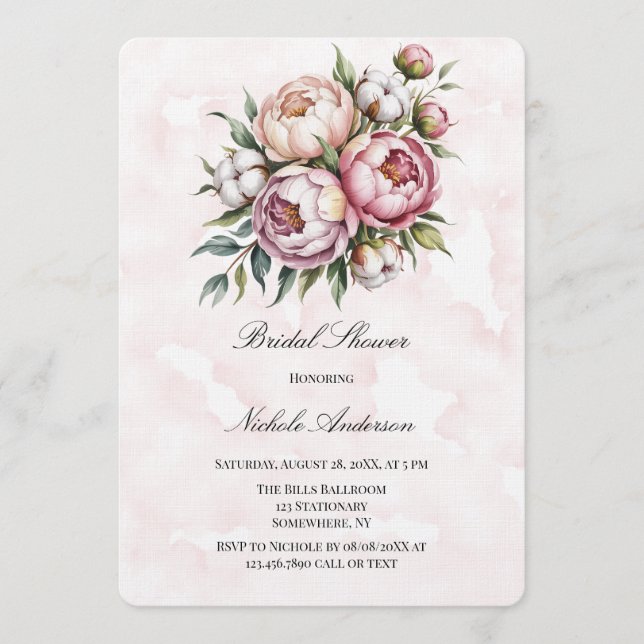 Convite Blush Pink Peony and Cotton Bridal Shower  (Frente)